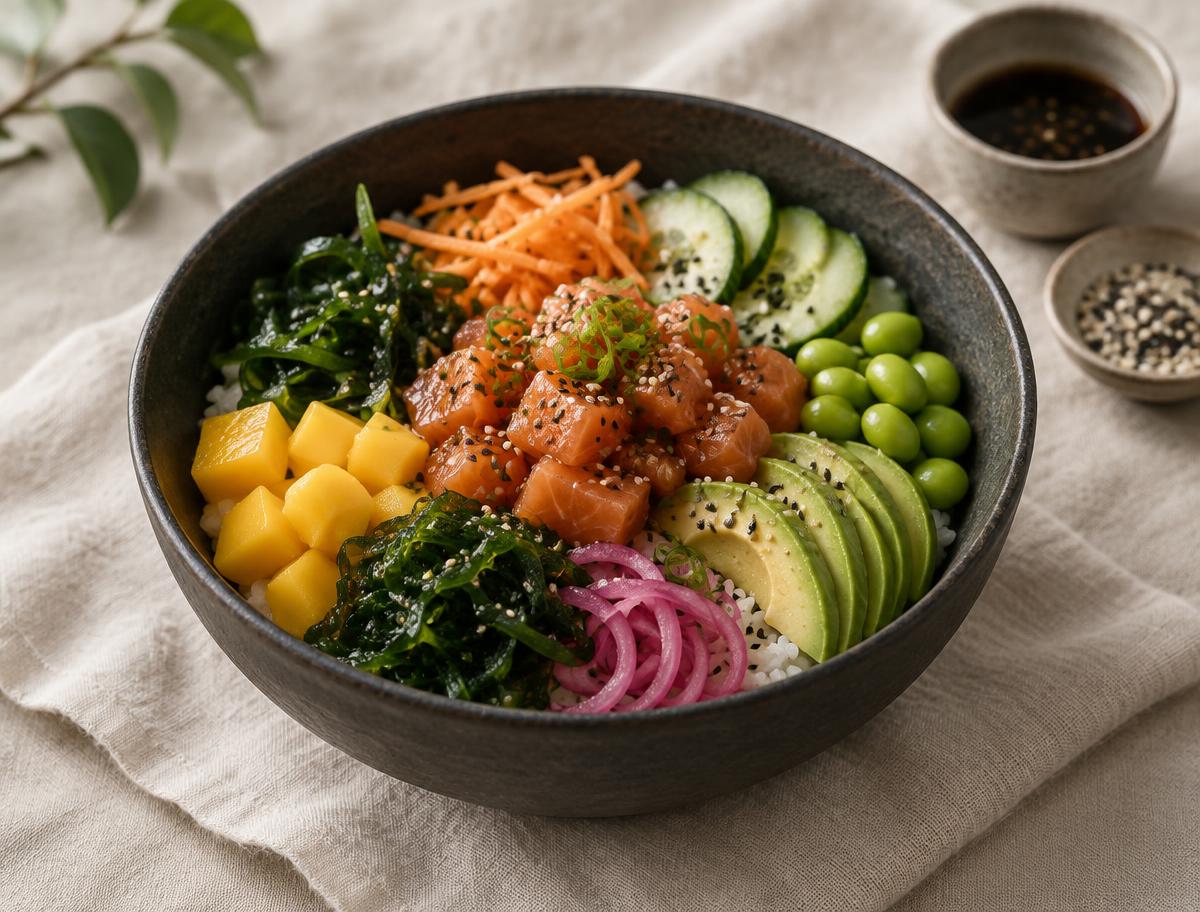 Pokébowl med lax, mango, avokado och edamame